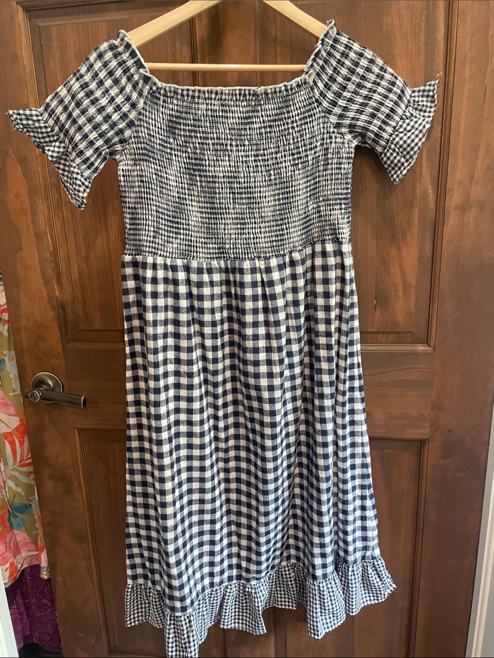 POL Navy and White Gingham Smocked Dress